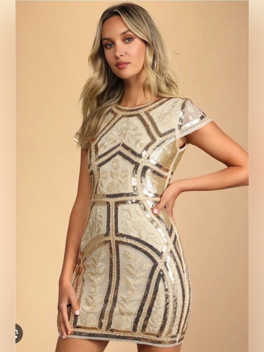 Lulus Spread Your Shine gold sequin embroidered bodycon dress.